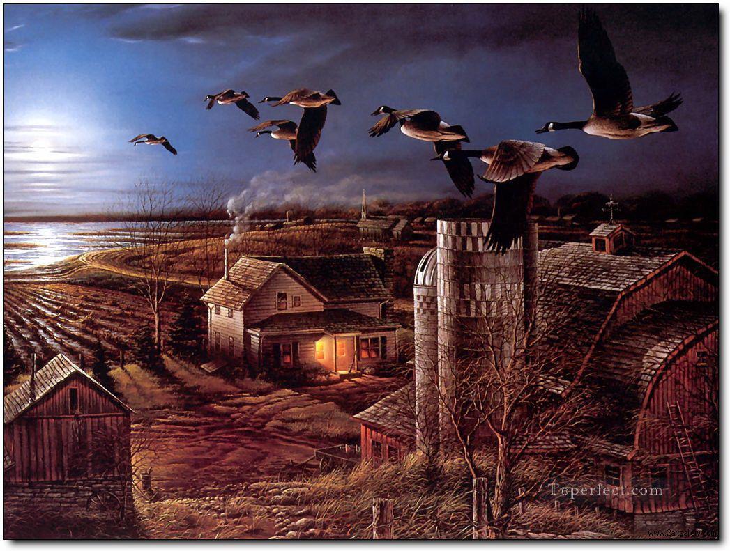 oiseaux traversant le village Peintures à l'huile